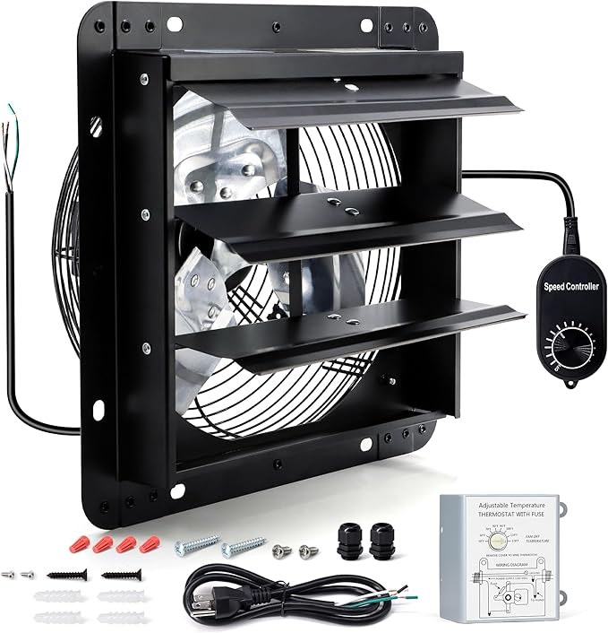 12 Inch Wall Mounted Shutter Exhaust Fan with Thermostat and Speed Controller for Attic, Greenhouse, Shed, Garage, Chicken Coop, Shop, Barn Ventilation, 970 CFM Louvered Vent Fan, Black by Hipoilk