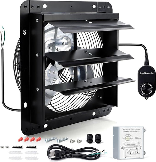 12 Inch Wall Mounted Shutter Exhaust Fan with Thermostat and Speed Controller for Attic, Greenhouse, Shed, Garage, Chicken Coop, Shop, Barn Ventilation, 970 CFM Louvered Vent Fan, Black by Hipoilk