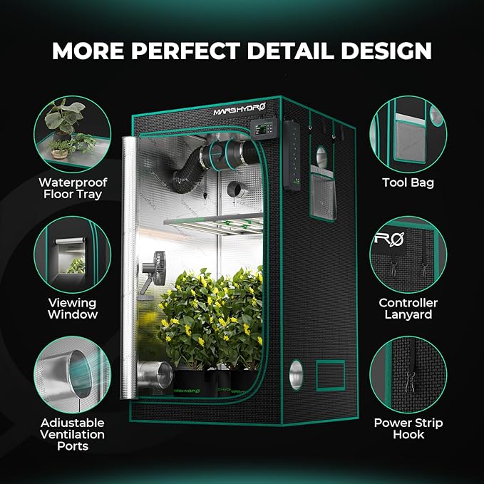 MARS HYDRO 3.3x3.3 Advanced Grow Tent, 39"x39"x71" High Reflective Mylar 1680D for Hydroponics Indoor Plant Growing, with Observation Window,Floor Tray and Smooth Zipper for TS1000/FC3000/FC-E3000 - Image 7