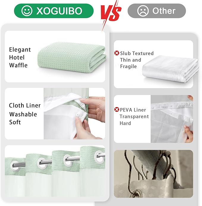 No Hook Shower Curtain and Liner Set,Mint Green Hotel Waffle Shower Curtain with Liner 75" L x 72" W - Image 5