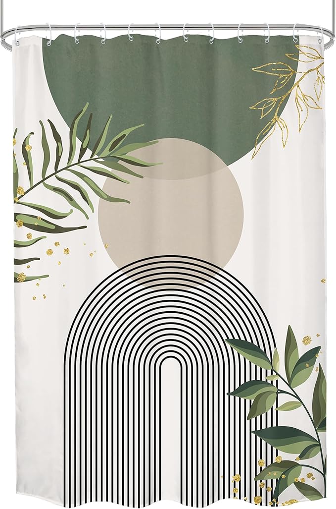 Small Stall Green Boho Shower Curtain 54Wx78H Rv Modern Bohemian Abstract Sage Green Gold Leaves Plant Minimalist Narrow Half Bathroom Decor Geometric Bath Curtain Fabric Polyester 12 Pack Hook - Image 8