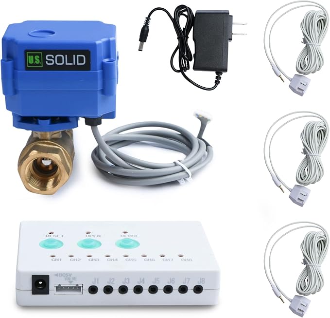 U.S. Solid Water Leak Detector - Water Leak Detect and Protect System with 3/4" Brass Motorized Ball Valve, Controller and 3 Sensors(Pack of 10) - Image 2