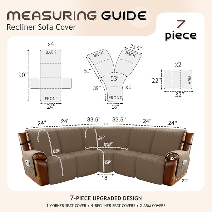 Arfntevss Waterproof Recliner Sectional Couch Covers for Reclining Sectional L Shape Sofa Cover Non Slip Washable Recliner L Shaped Slipcover Sets for Dog Furniture Protector (5 Seater, Light Brown) - Image 5