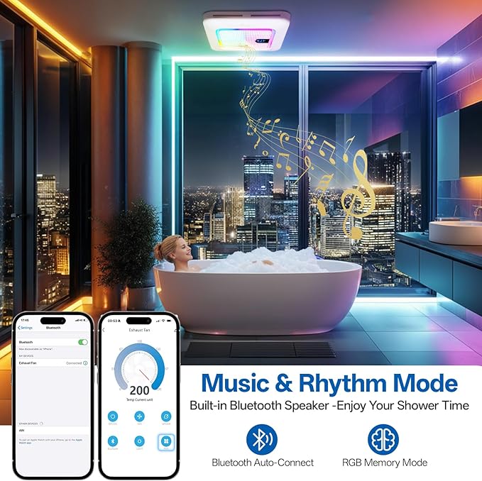Smart Bathroom Exhaust Fan with Bluetooth Speaker, 230 CFM 1.0 Sone Exhaust Fan with Humidity & Odor Sensor, Remote/App/Voice Control, Adjustable LED Lighting & Dynamic RGB Mood Light (White) - Image 2