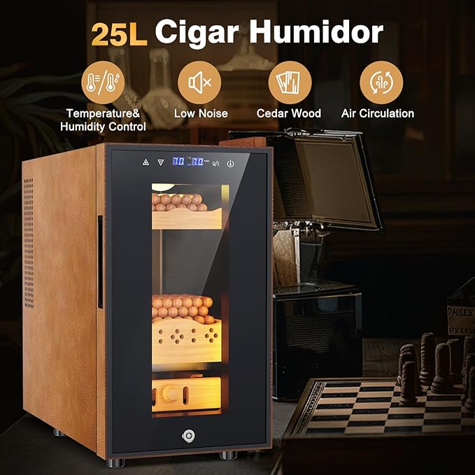 Electric Cooler Cabinet 25L with Temperature and Humidity Control, Leather Finish, Spanish Cedar Wood Shelves and Safety Lock (200 Counts Capacity), Gift for Men - Image 2