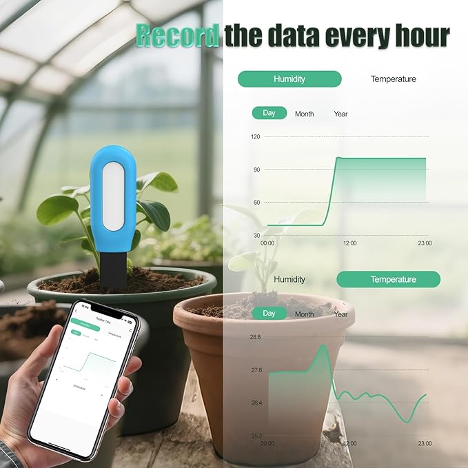 Yunseity Soil Meter, Smart Soil Tester with Real Time Monitoring for Indoor Plants, Humidity Temperature Alarm and Low Battery Alert (SGS01) - Image 3