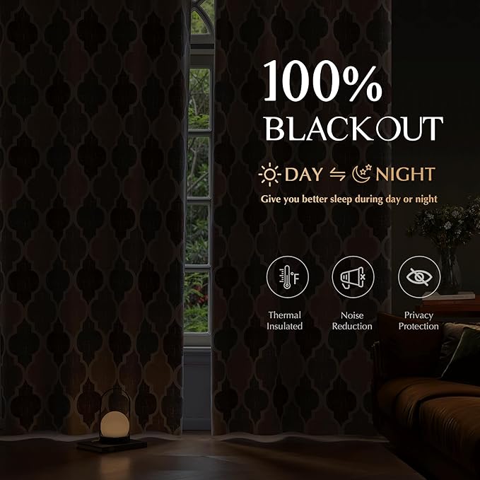 Beauoop 100% Blackout Curtains 96 Inches Long 2 Panels for Bedroom Living Room Brown Grey Moroccan Geo Room Darkening Thermal Insulated Soundproof Grommet Top Window Treatments Drapes, 50x96 Set of 2 - Image 2