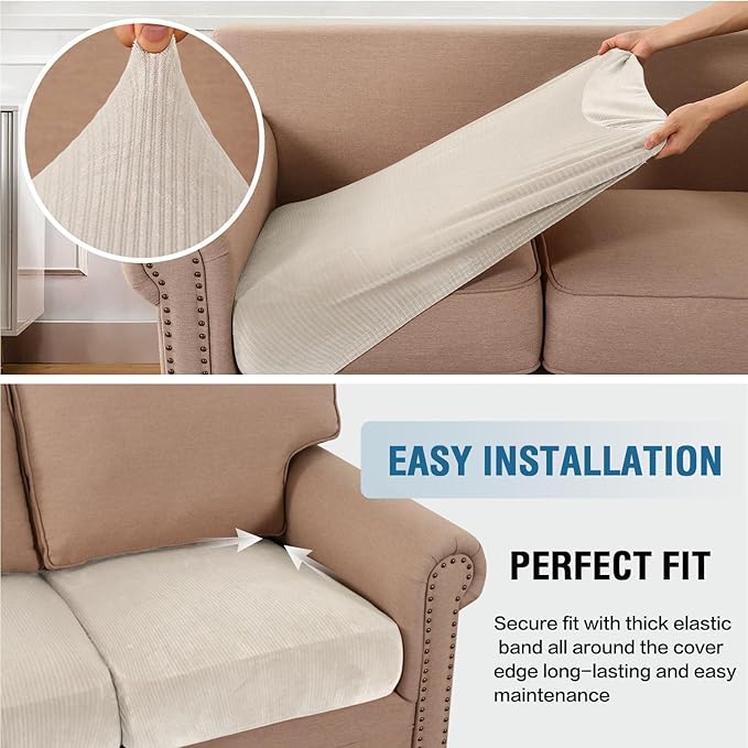 H.VERSAILTEX Velvet Stretch Couch Cushion Cover Plush Cushion Slipcover for Chair Loveseat Sofa Cushion Furniture Protector Seat Cushion Sofa Cover (2 Piece Medium Sofa Cushion Covers, Ivory Striped) - Image 4