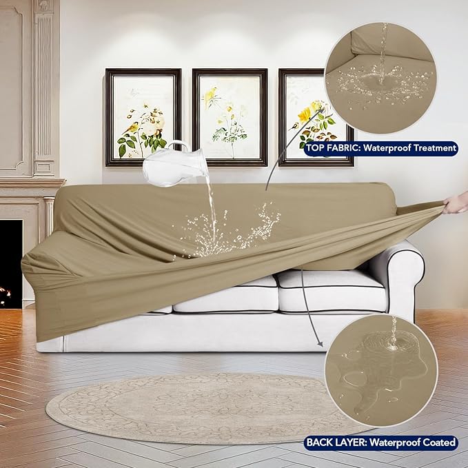 PureFit 100% Dual Waterproof Couch Cover Slipcovers for Couches and Sofas - Stretch Non Slip Fleece Sofa Covers Washable, Leakproof Furniture Protector for Kids, Pets, Dog (Sofa, Natural) - Image 3
