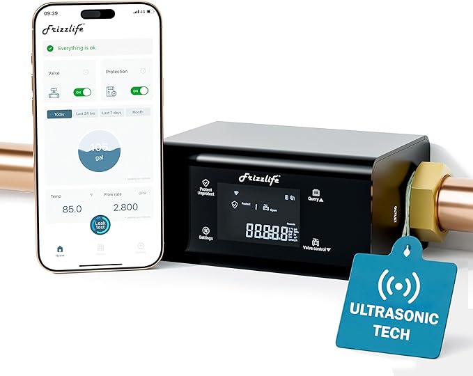 Frizzlife LP365 Smart Water Monitor and Automatic Shutoff - 0.01GPM Ultrasonic Micro Leak Detection, APP Wi-Fi Remote Control, Real-Time Flow/Temp Monitoring, 24/7 Water Usage Reports, 3/4" and 1" by FRIZZLIFE