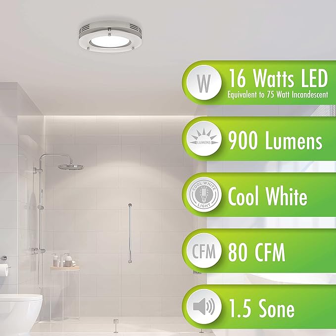 Homewerks 7117-02-HW Bathroom Fan Integrated LED Light Ceiling Mount Exhaust Ventilation 1.5 Sones 80 CFM, Frosted - Image 7