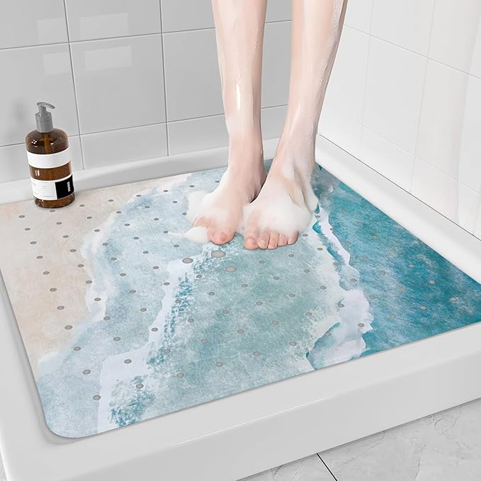 Beach Square Anti Slip Shower Mats for Inside Shower Accessories, Cute Bath Mats for Bathroom Non Slip Shower Floor Mat Sea Decor Rubber Bathmat with Suction and Drain Holes Machine Washable, 21″X21″ - Image 5