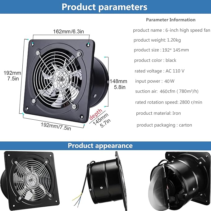 6 inch Exhaust Fan Metal Iron Ventilation Extractor, Silence with Anti-backflow Check Valve Window and Wall Mount Vent Fans for Home Office Kitchen Bathroom Greenhouse Garage - Image 3