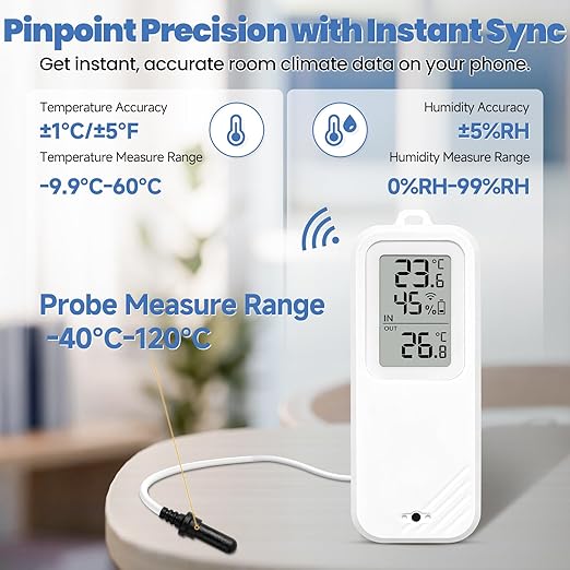 WiFi Refrigerator Thermometer Hygrometer with Alarm, Freezer Temperature with Probe, Wireless Digital Fridge Thermometer Humidity Sensor, Free Data Export for Home Kitchen Fridge Tub (with Battery) - Image 6