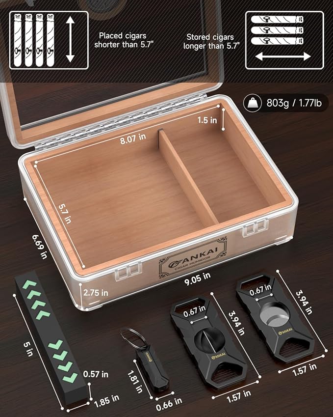 Humidor Cigar Box, with Straight Cutter Guillotine, V cut, Puncher & Holder Tool, Glass top Cigars Case, Cedar Wood Lining, Humidifier Hygrometer Accessories, Cigar Gift Set - Image 2