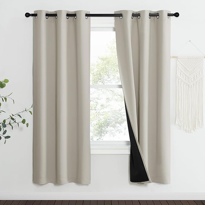 NICETOWN Natural Blackout Curtains 70 inches Long, 2 Pieces, 37" Wide Each Panel, Full Light Blocking Drapes with Black Liner for Nursery, Noise Reducing Thermal Insulated Draperies for Doorway - Image 2