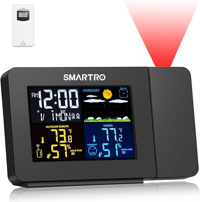 SMARTRO SC91 Projection Alarm Clock for Bedrooms with Weather Station, Wireless Indoor Outdoor Thermometer, Temperature Humidity Monitor Gauge Hygrometer by SMARTRO