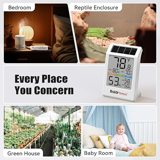 BaldrTherm Room Thermometer Indoor Humidity Meter Solar Powered with Max/Min Memory & Comfort Indicator - 3.2" Large Display for Home, White, 2Pack - Image 9