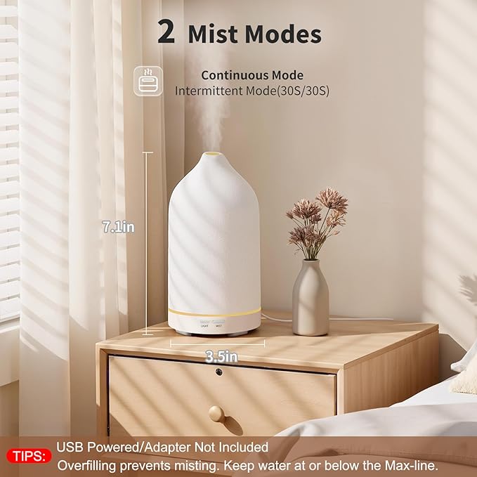 URPOWER 120ML Essential Oil Diffuser Ceramic Aromatherapy Diffuser with 7-Color LED Lights, Auto Shut-Off, 2 Mist Modes, Humidifier for Home Office Decor, Scent Diffuser for Yoga Spa - Image 2
