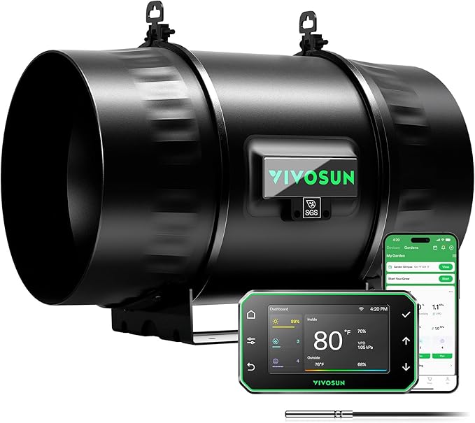 VIVOSUN T8 8" Inline Duct Fan & Temperature Humidity Controller, E42A+ WiFi-App Control AeroZesh Grow Tent Fan& Smart Thermostat, 832 CFM EC Motor Exhaust Fan for Heating Cooling, Greenhouse Accessory by VIVOSUN