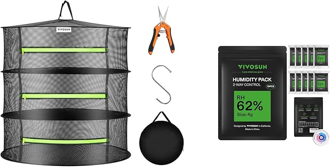 VIVOSUN 3-Layer Mesh Drying Rack Hanging Design with Green Zippers for Dehydrating and 62% RH Two-Way Humidity Control Packs, Size 4 g, 10 Packs for Storing 1/2 oz, Moisture Balancer with RH Indicator by VIVOSUN