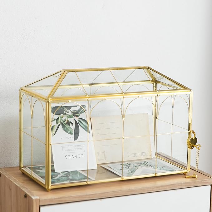 Glass Wedding Card Box with Slot, 12.5'' Large Clear Card Box Gold Brass Gift Card Storage Box with Lock Perfect for Wedding Receptions, Baby Shower, Birthday Party, Bridal Shower by Unknown