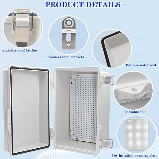 Waterproof Electrical Box, IP67 Junction Box Stainless Steel Latch Hinged Grey Cover Project Enclosure with Wall Bracket 11.8" x 7.87" x 5" - Image 3