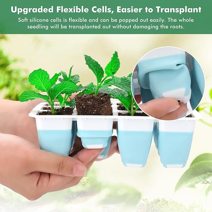 Reusable Seed Starter Tray with 72 Soft Silicone Cells, 6 Pack Seed Starter Kit with Repotting Mat, Humidity Dome and High Lid, Germination Trays for Indoor Greenhouse Seed Starter - Image 2