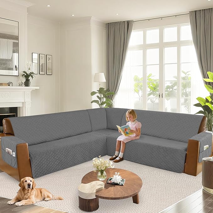 Arfntevss Waterproof Sectional Couch Covers L Shape Washable Velvet Sofa Cover for Sectional Non Slip Large Corner Slipcovers Dog 6 Pcs Universal U Shaped Furniture Protector (Dark Grey, XX-Large) - Image 6