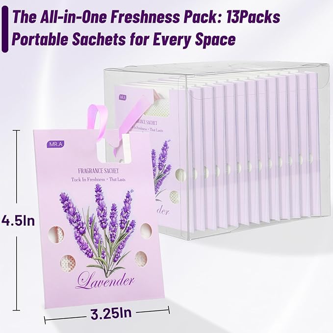 13Packs Lavender Scented Sachets, Fragrance Sachet Bags for Drawers and Closets, Air Fresheners for Car and Home, Closet Deodorizer Scented Drawer Fresheners for Dresser with Hanger Hooks - Image 5
