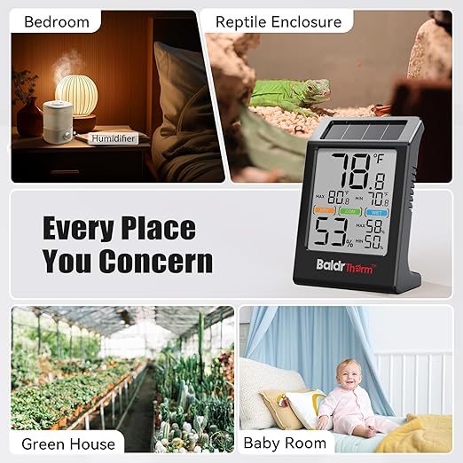 BaldrTherm Room Thermometer Indoor Humidity Meter Solar Powered with Max/Min Memory & Comfort Indicator - 3.2" Large Display for Home, Black, 2Pack - Image 9