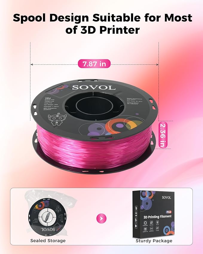 Sovol TPU Filament 1.75mm, 95A Soft TPU Flexible 3D Printer Filament with High Elasticity, 1kg (2.2lbs), Dimensional Accuracy +/- 0.03 mm, Fit Most FDM Printer, Clear Rose Red - Image 7