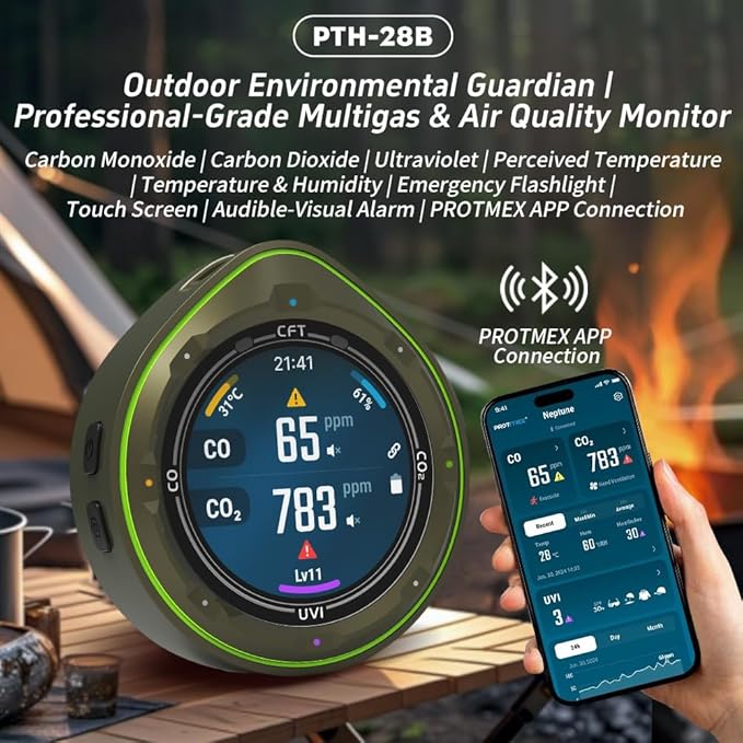 Protmex 5 in 1 Wireless Touchscreen Portable Multifunctional Carbon Monoxide CO2 Detectors Air Quality Meter Temperature Humidity Meter UV Radiation Flashlight with App - Image 2