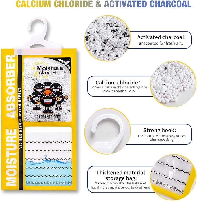 ZSZMFH 15 Pack Moisture Absorber & Max Odor Eliminator Hanging Bag, Charcoal Smell Remove Damp Musty Smell,Hanging Closet Dehumidifier Bags with 25g of Activated Charcoal (220g/pack) Yellow - Image 3
