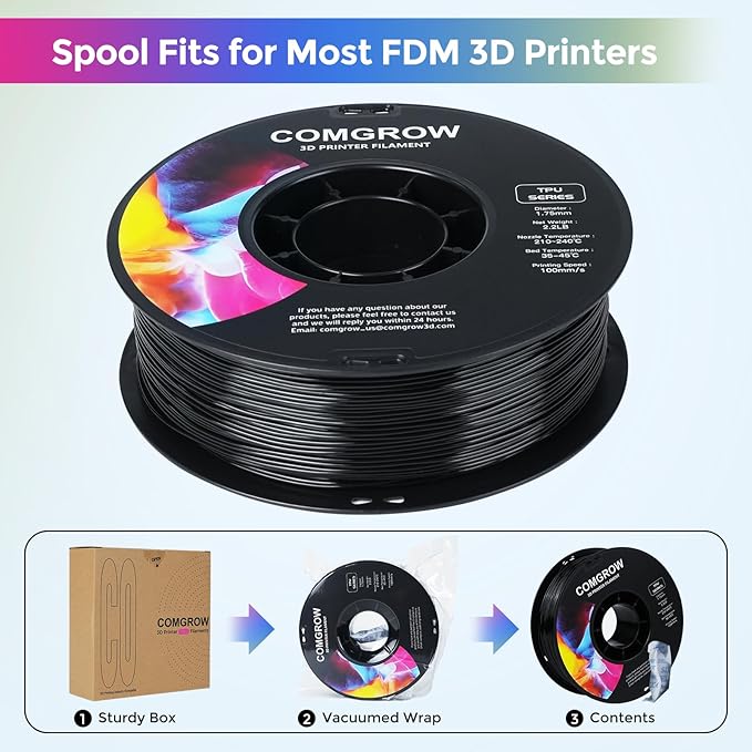Comgrow TPU Filament, 1.75mm, 95A Soft TPU Flexible 3D Printer Filament Black 1kg (2.2lbs), Dimensional Accuracy +/- 0.02 mm, Fit Most FDM Printer - Image 6