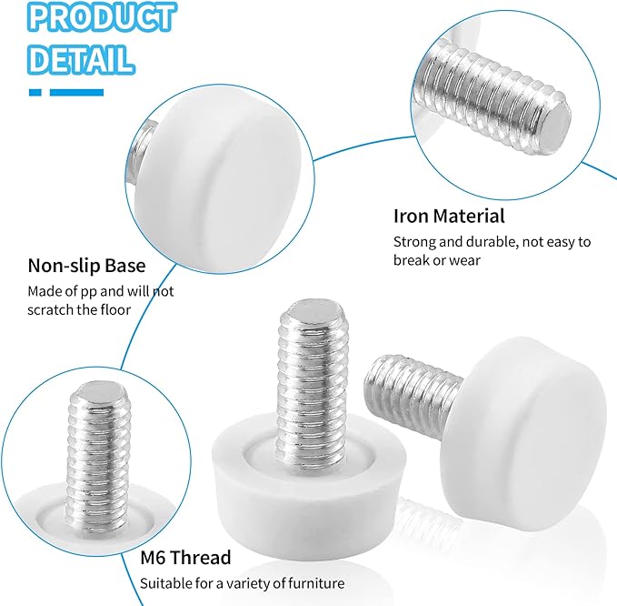 Biaungdo 24 Pcs Adjustable Furniture Levelers, M6x15 mm Ajustable Leveling Feet Screw On Furniture Glide Foot Levelers for Table, Chair, Cabinet, Furniture Legs, White - Image 3