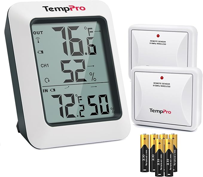 TempPro TP60-2 Digital Hygrometer Indoor Outdoor Thermometer Wireless Temperature and Humidity Gauge Monitor Room Thermometer with 500ft/150m Range Humidity Meter (Previously ThermoPro) by ThermoPro