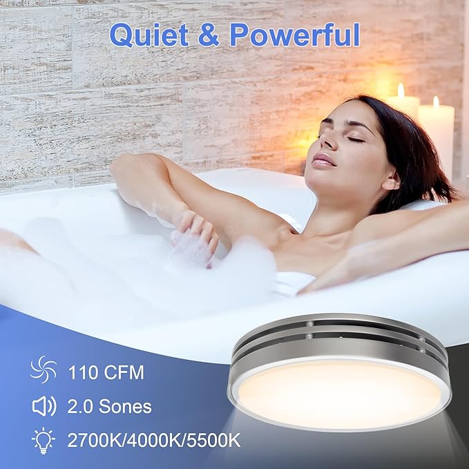 Akicon Bathroom Exhaust Fan with Light, 110CFM, 2.0 Sones for Ceiling, 1000lm Dimmable LED Light and 150lm Nightlight Dual Color Bathroom Vent Fan for Home, Round, Sliver - Image 9