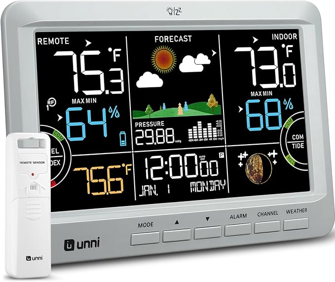 Weather Station Indoor Outdoor Thermometer Wireless, Home Atomic Clock with Large Constant Display, Inside Outside Temperature Humidity Monitor, Dew Heat Point, Barometer Grey by UUNNI