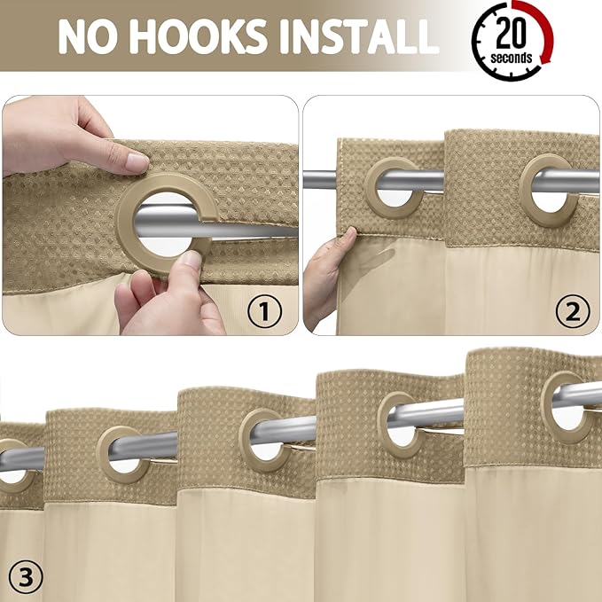 No Hook Shower Curtain and Liner Set,Beige Hotel Waffle Shower Curtain with Liner 75" L x 72" W - Image 2
