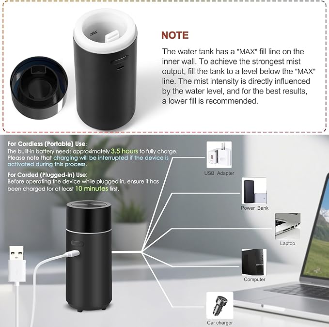 HODEMI Portable Smart Car Essential Oil Diffuser,Cordless Mini Cold Mist Aromatherapy Air Freshener Diffuser with Mode Memory,Auto On/Off,4/8 Timer Modes,for Bedroom Office and Travel (Black) - Image 7