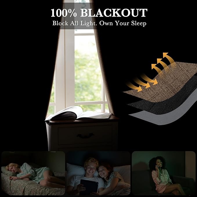 RYB HOME Coffee 100% Blackout Short Curtains 52 Width 45 inch Length, Light Blocking & Thermal Insulated Curtains for Kitchen/Small Window/Bathroom/Basement, 2 Panels - Image 3
