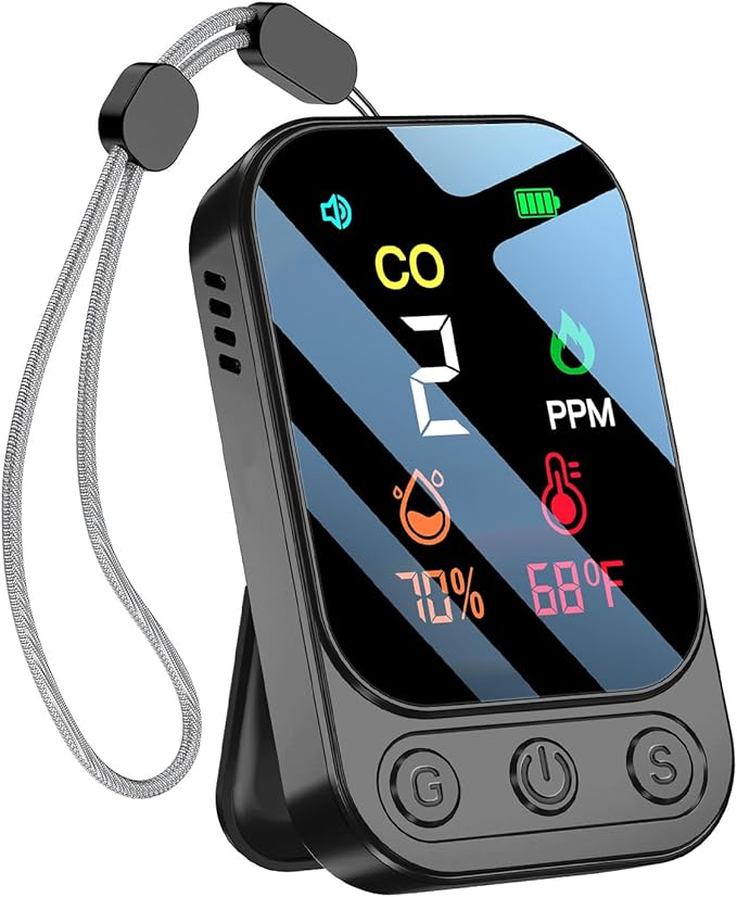 Portable Carbon Monoxide Detectors [3-in-1] Mini Size CO Monitor with Kickstand & Lanyard 85 dB Alarm [CO Temperature Humidity Sensor] for Indoor Outdoor Camping Travel RV Hotel (Dark Grey) by HAKINAKU