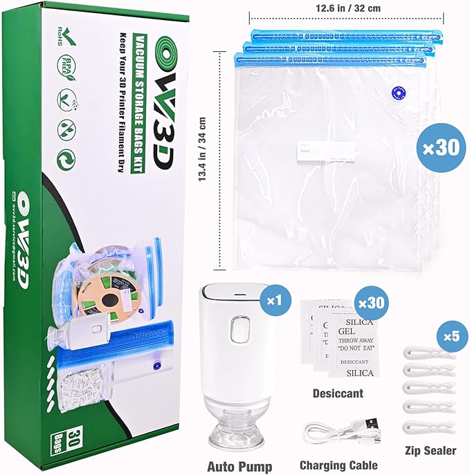 OVV3D Filament Storage Bags 30pcs, Plus Size 32X34cm 3D Printer Filament Storage Bags Vacuum Sealed Kit with 30 Desiccants, Auto Pump,Perfect for 3D Filament Storage or Using After Filament Dryer Box - Image 2