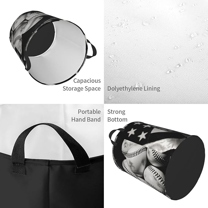 Vintage Baseballs Retro Flag Display Design Round Laundry Hamper Bag - Water-Resistant Oxford Fabric, Handles Small - Image 4