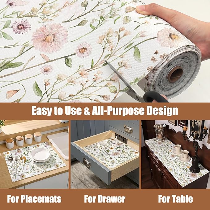 Drawer and Shelf Liner for Kitchen Cabinets Non Adhesive Drawer Liners Floral Cabinet Liner Strong Grip Non Slip Shelf Liners Waterproof Kitchen Shelves Cupboard Liner Easy to Clean 15.7IN x 16.4FT - Image 4