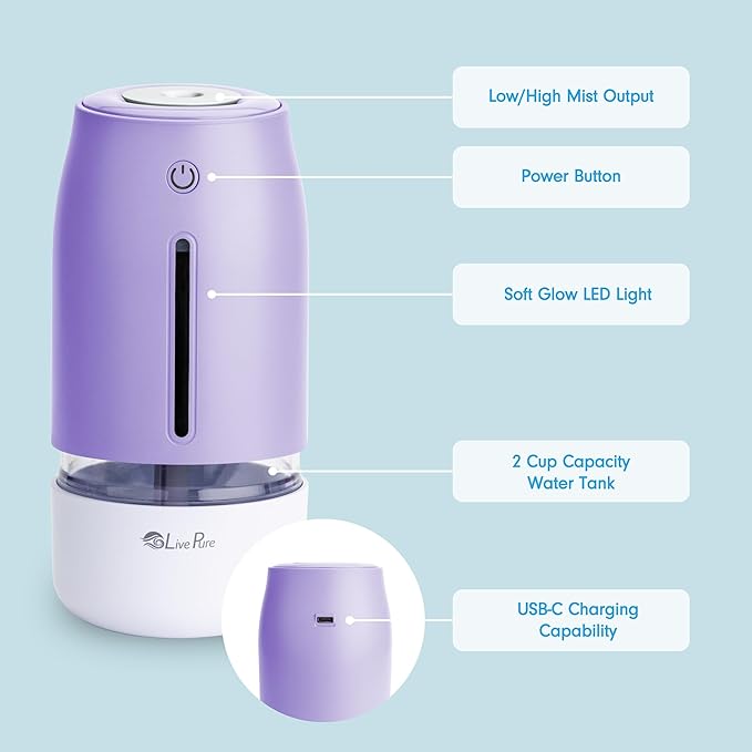 LivePure Cool Mist Humidifiers for Bedroom. Small Humidifier for Babies, Nursery, Plants, Office. Ultrasonic Cool Mist Humidifier w/Quiet Operation, USB-C Rechargeable. Lavender - Image 2