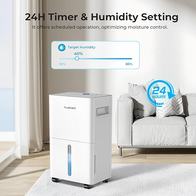 1500 Sq.ft Dehumidifier for Basement, PLUSCENT Max 21 Pint/Day Dehumidifiers for Home, Large Room, Bedroom with Drain Hose, Smart Humidity Control & Monitor, 3 Operation Modes, 24H Timer, Auto Defrost - Image 6