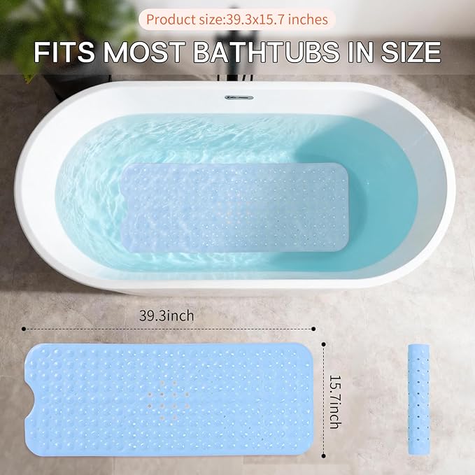 Anti-Slip Bathtub Shower mat, 39.3×15.7 inch（Approximately 100 × 40cm） Soft Oversized Machine Washable Non-Slip Bathtub mat with Drainage Holes, Bathroom Floor Suction Cup.（1-Opaque Light Blue） - Image 4