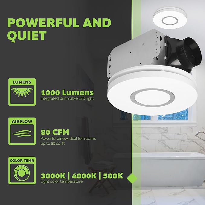 Homewerks 7141-80-CTA Bathroom Fan with LED Lights Color Changing 80 CFM 1.0 Sones Ventilation Fan with 3-Way CCT Dimmable LED Light - Image 3